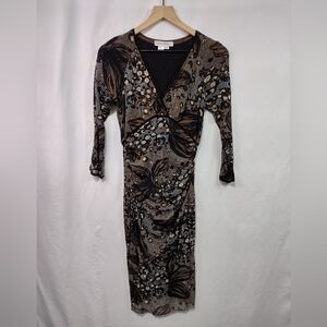 Kay Unger Floral Artsy Bodycon Dress Women's M Brown Retro 90s Y2K Casual Party